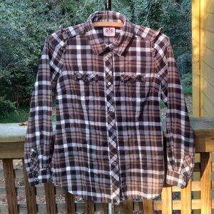 Juicy Couture Y2K Ruffled Prairie Style Tie Back Brown Plaid Flannel Shirt Sz 2